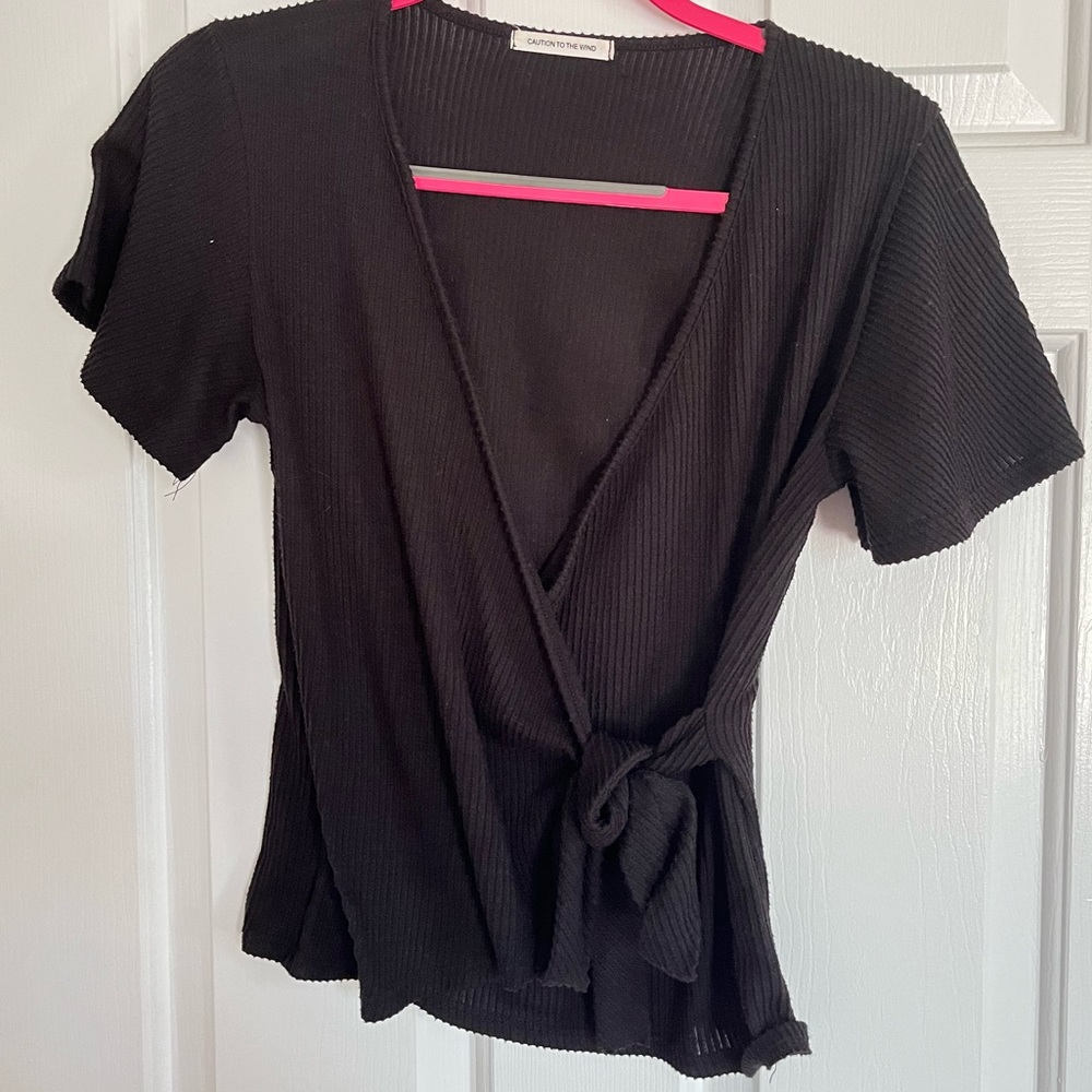 Black ribbed cotton faux/wrap top size m